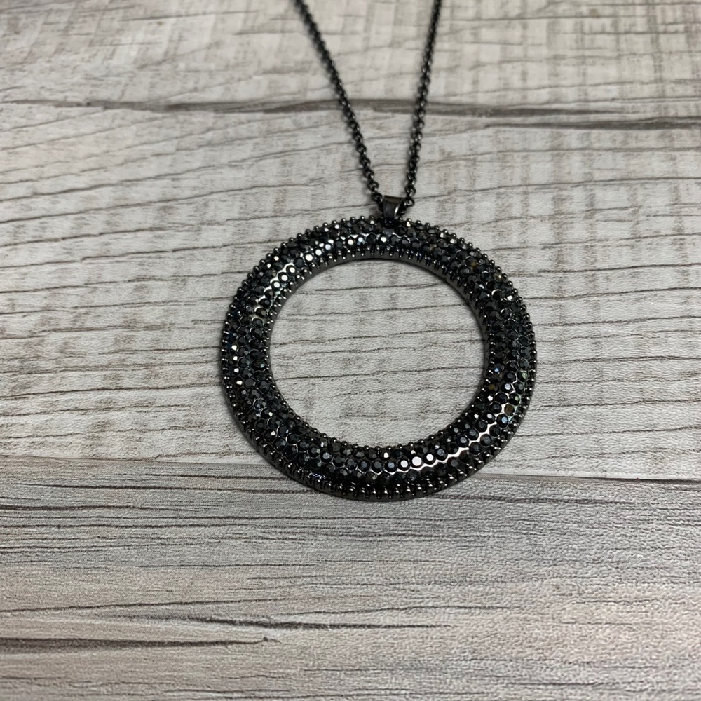 Gunmetal Black Rhinestone Pavé Circle Pendant Long Chain Necklace 32 Inch